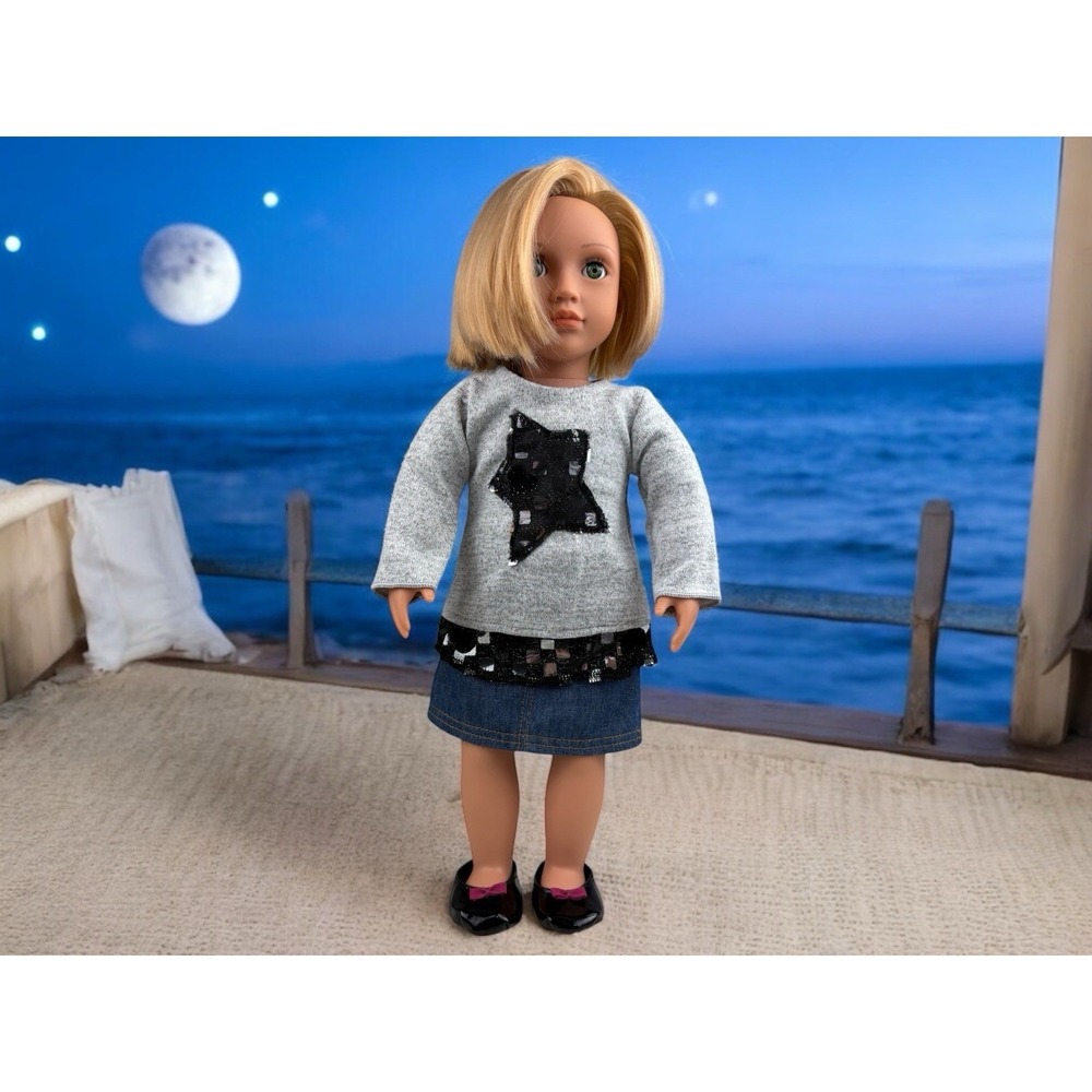 Dollie And Me Gray Shirt‎ With Black Lace Bottom &Star On Front W/Jean Skirt